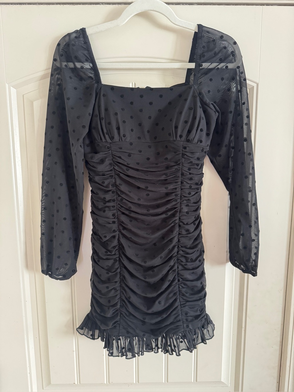 Dear Moon Black Polka Dot Mesh Ruched Mini Dress Sheer Sleeves Size 3